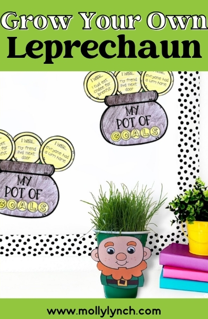A potted plant with a leprechaun face, sporting growing leprechaun hair, sits next to colored pots and books, under wall signs labeled "My Pot of Goals." Text on the image reads "Grow Your Own Leprechaun.