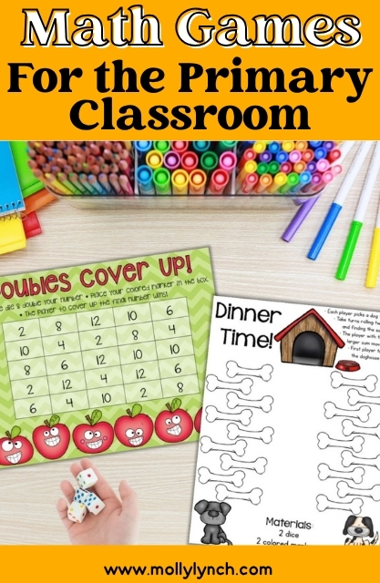 Two colorful math game worksheets, dice, markers, and crayons are arranged on a desk with the text "Math Games for the Classroom" at the top.