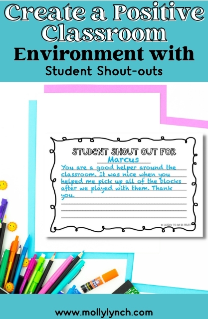 A worksheet titled "Student Shout Out For Marcus" is surrounded by colorful pencils, pens, and paper on a white surface.
