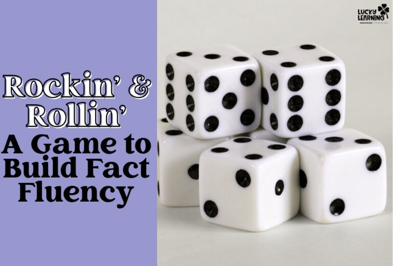 Six white dice with black dots stacked together; text on the left reads “Rockin’ & Rollin’: A Game to Build Fact Fluency” on a purple background, highlighting a fun and engaging way to build fact fluency in students.