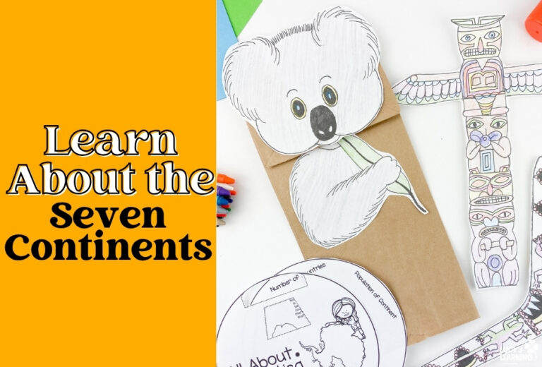 Paper crafts including a koala puppet and a totem pole are displayed next to a disk showing a map of the 7 continents, alongside the text “Learn About the Seven Continents” on a yellow background.