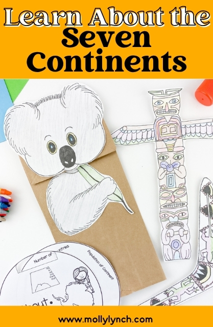 Paper crafts of a koala, a totem pole, and a snake are displayed on a white surface with text reading "Learn About the 7 Continents" at the top.