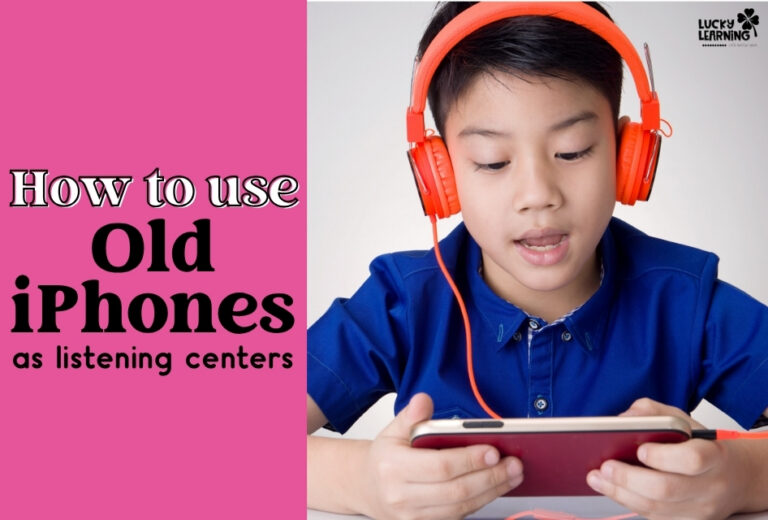 A child wearing orange headphones uses a smartphone. Text reads: "How to use Old iPhones and iPods as listening centers.
