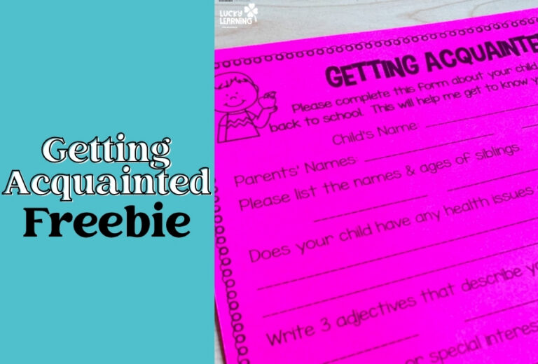 A bright pink "Getting Acquainted" form—perfect as a Back to School FREEBIE—with questions about a child’s name, parents' names, siblings, health issues, and three adjectives to describe the child.