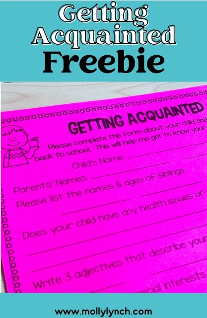 A bright pink "Getting Acquainted" form for parents to fill out about their child, asking for name, siblings, health issues, and three adjectives—perfect as a Back to School FREEBIE.