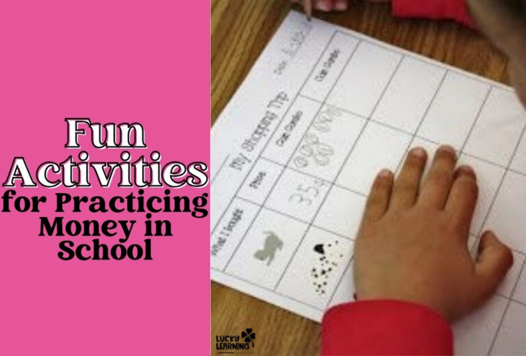 A child in a red shirt writes on a worksheet about shopping and money management. The text on the left says, "Fun Activities for Practicing Money in School!"—making learning about finances engaging and interactive for students.
