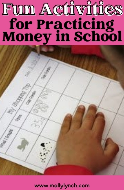 A child writes on a worksheet labeled "My Shopping Trip" at a desk, practicing money skills. Text above reads, "Fun Activities for Practicing Money in School!"—a great way to engage students in learning real-world math.