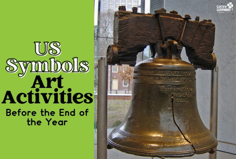 The Liberty Bell displayed indoors next to a large window, with text about US symbols and art activities on a green background to the left.