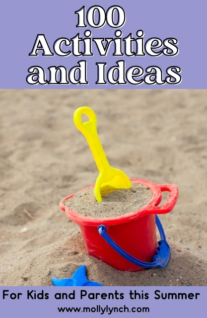 A red bucket filled with sand and a yellow shovel on a sandy surface, promoting 100 summer activities and ideas for kids and parents—perfect inspiration for your list of Things To Do in summer.