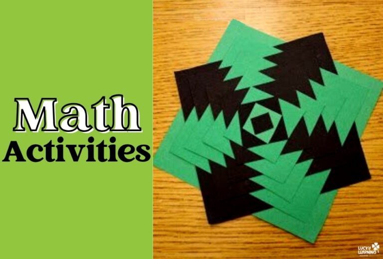 A green and black geometric paper pattern sits on a wooden surface, next to the words "Math Activities" in bold and outlined text on a green background—perfect for sparking creativity alongside Writing Ideas for First Graders.