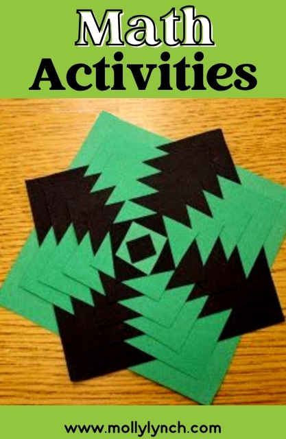 A geometric black and green paper pattern is displayed on a yellow surface, with "Math Activities" and a website link above and below the image, making it an inspiring visual centerpiece for educators searching for creative math projects or Writing Ideas for First Graders.