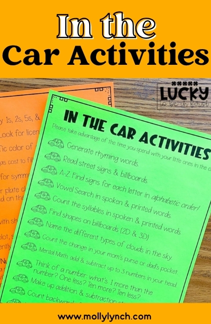 Sheets of paper titled "In the Car Activities" list various educational games for children to play while traveling, such as finding road signs, shapes, and counting objects. These in the car activities are designed to keep kids engaged and learning on the go.
