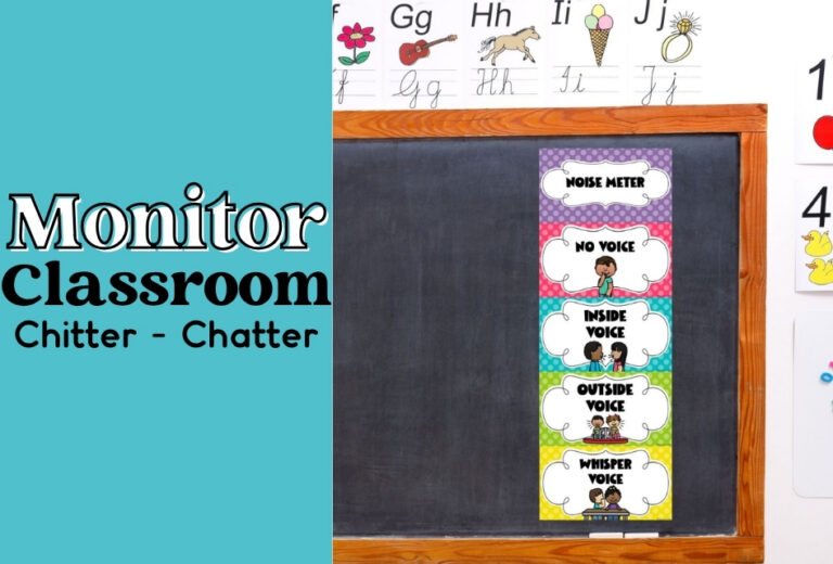 A classroom blackboard displays a colorful noise meter chart with levels: no voice, inside voice, outside voice, and whisper voice. The noise meter helps students understand appropriate volume levels in different situations. Alphabet cards are arranged above the board.