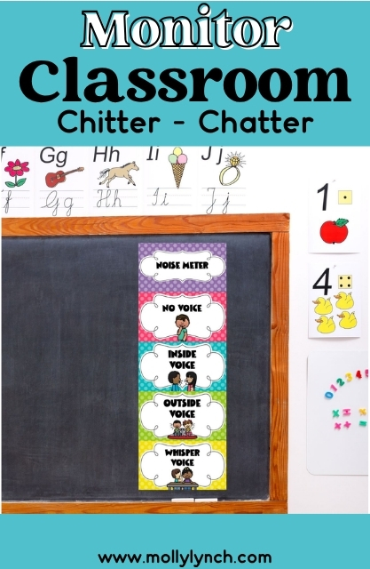 A classroom bulletin board displays a colorful noise meter chart with clearly labeled voice levels, while alphabet cards are arranged above the chalkboard.