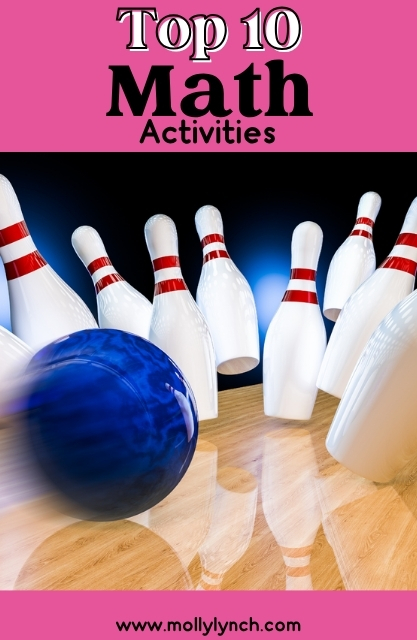 A blue bowling ball strikes white pins, with text reading "Top 10 Math Activities: Great Math Ideas" and a website URL at the bottom.