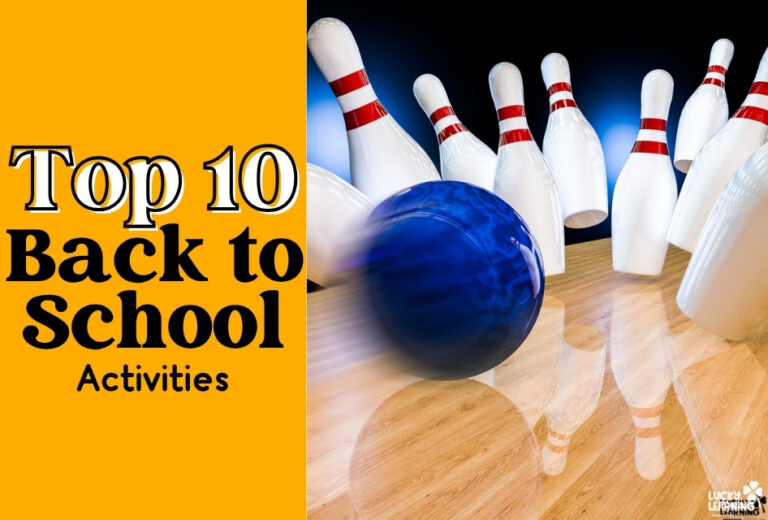A blue bowling ball strikes ten white pins on a wooden lane. Text on the left reads, "Top 10 Back to School Activities.