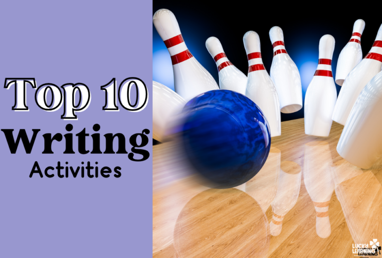 A blue bowling ball strikes white pins; on a purple background, text reads "Top 10 Writing Activities.