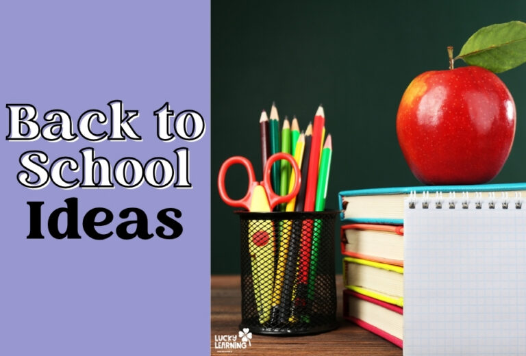 Back to School Ideas text next to a desk with colored pencils, scissors, stacked books, an apple, and a notepad against a blackboard background creates the perfect Back to School inspiration scene.
