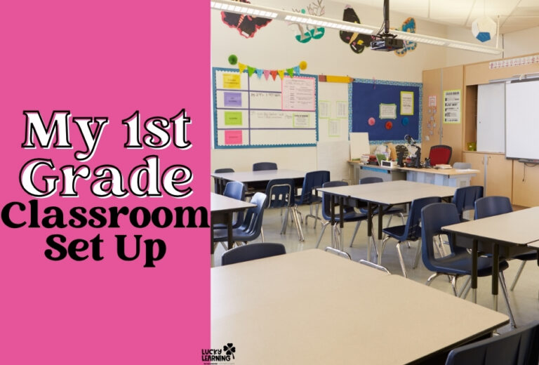 First Grade Classroom: A bright and welcoming first grade classroom with desks, chairs, colorful bulletin boards, and a teacher’s desk; text reads "My 1st Grade Classroom Set Up" on a pink background.