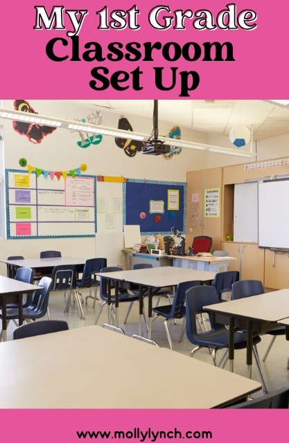 A vibrant First Grade Classroom featuring multiple tables and chairs, colorful wall decorations, whiteboards, and bulletin boards. Text reads: "My 1st Grade Classroom Set Up.