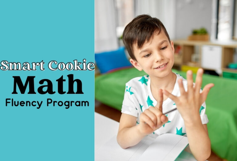A young boy sits at a desk, counting on his fingers, with the "Smart Cookie Math Fluency Program" text displayed beside him on a colorful background—showcasing how smart cookie math helps build confident learners.