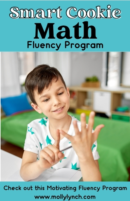 A young boy sits on a bed, counting on his fingers. Text reads, "Smart Cookie Math Fluency Program," highlighting the engaging Smart Cookie Math approach available at mollylynch.com.