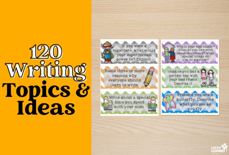 Yellow background with "120 Writing Topics & Ideas" text on the left; on the right, four colorful Writing Ideas for First Grade featuring prompts for kids about superheroes, friends, family, and imagination, complete with playful cartoon illustrations.