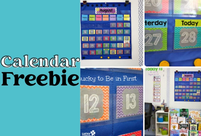 Collage of a classroom calendar display with colorful number cards, day labels, and a sign reading "Calendar Freebie" on a teal background—perfect for teachers searching for an engaging and vibrant Calendar Freebie to brighten their classroom.
