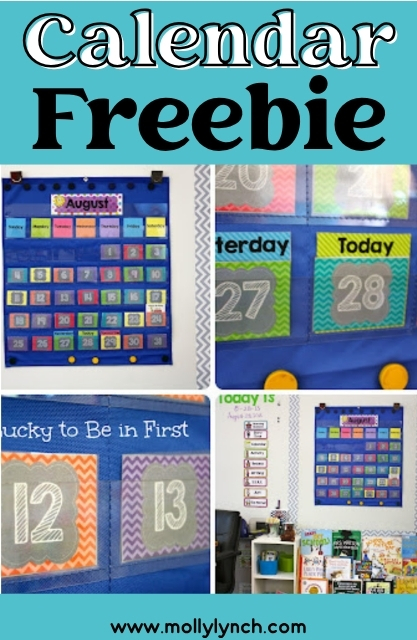 Collage of classroom calendar activities, featuring days of the week, dates, and colorful labels for an engaging Calendar Freebie; "Calendar Freebie" text at top, website mollylynch.com at bottom.