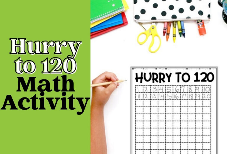 Child writing numbers while filling in a "Hurry to 120" number grid worksheet at a desk with school supplies, promoting a math activity.