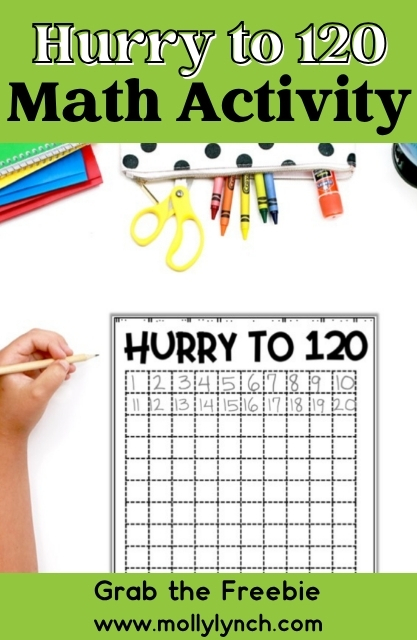 A child's hand holds a pencil, writing numbers over a "Hurry to 120" math activity worksheet, with school supplies arranged above.