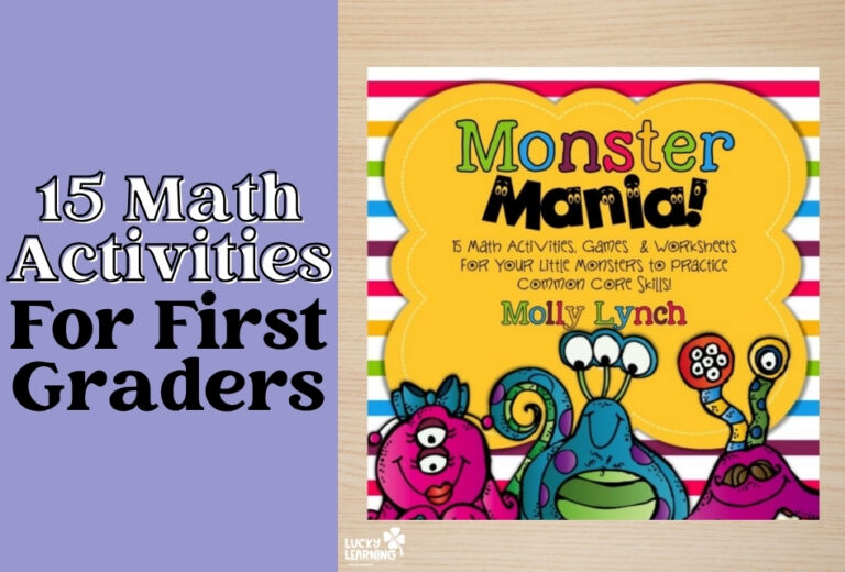 Book cover for "Monster Mania! 15 Math Activities, Games & Worksheets For First Graders" by Molly Lynch, featuring colorful cartoon monsters and vibrant stripes. This playful design perfectly captures the excitement of Monster Mania - 15 Math Activities for First Graders, making learning math a fun adventure.