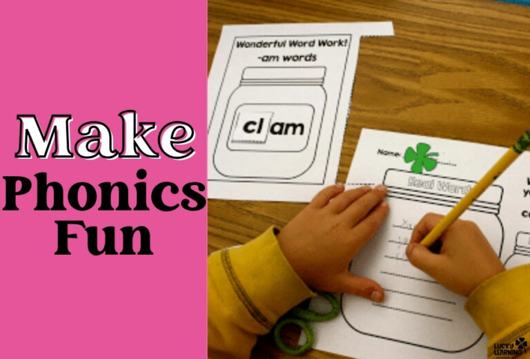 A child's hands complete a phonics worksheet at a desk, with the text "Make Phonics Fun – Word Up!" displayed on a pink background to the left.