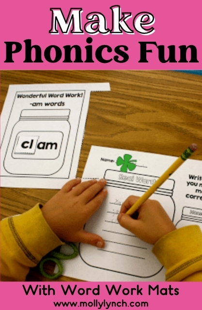A child writes on a phonics worksheet at a table. Another worksheet with “cl_am” is visible. Text reads, “Make Phonics Fun.” Word Up!.