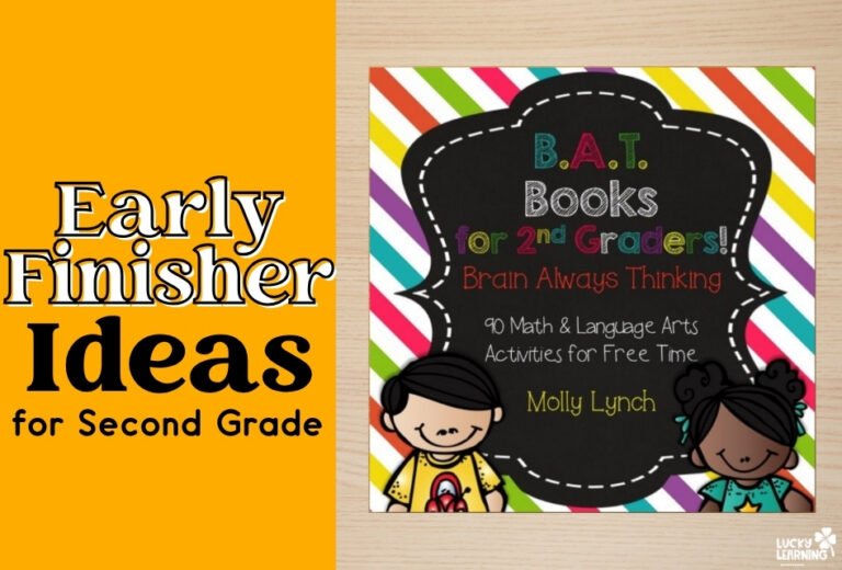 Colorful cover of a book titled "B.A.T. Book for 2nd Grade!" featuring two illustrated children and engaging text about activities for early finishers in second grade.