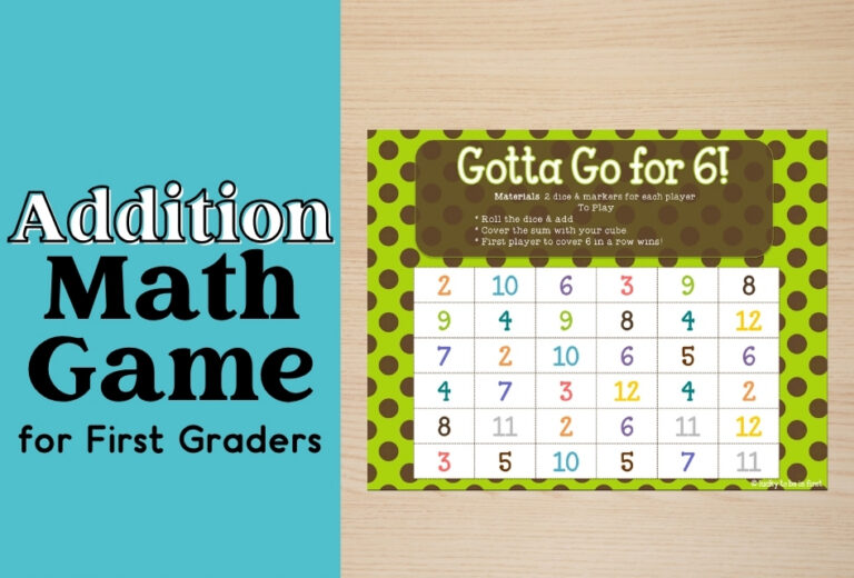 Gotta Go for 6! Addition Math Game is a vibrant and engaging activity designed for first graders, featuring a colorful game board with numbers arranged in a grid. With clear instructions on how to play using dice and markers, this math game helps young learners practice their addition skills in an interactive way.