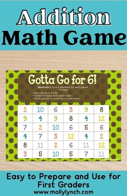 A printable Gotta Go for 6! Addition Math Game featuring a grid of numbers, specially designed for first graders to practice addition skills by rolling dice and marking their sums.