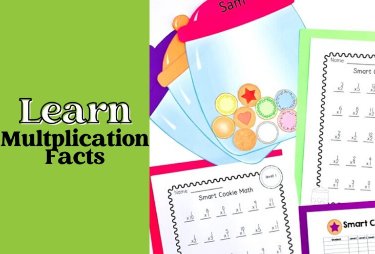 Bright worksheets labeled "Smart Cookie Math Multiplication" feature multiplication problems beside a sticker jar illustration and the text "Learn Multiplication Facts" on a green background.