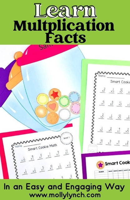 A worksheet set for learning multiplication facts is shown with a cookie jar illustration and colorful borders, promoting easy and engaging math practice through the Smart Cookie Math Multiplication program.