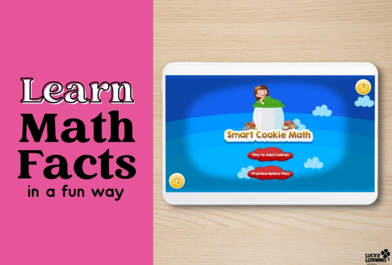 A tablet displays the “Smart Cookie Math” game on a wooden surface next to bold text reading, “Learn Math Facts in a fun way” on a pink and black background, highlighting the engaging features of the Smart Cookie Math App.