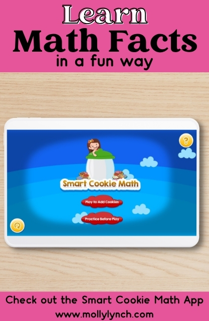 Tablet displaying the Smart Cookie Math App on a wood surface; text at the top says "Learn Math Facts in a fun way.