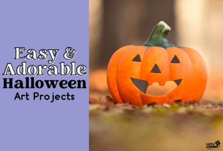 A carved jack-o’-lantern sits on the ground next to a purple section that reads “Easy & Adorable Halloween Art Projects,” perfectly capturing the festive spirit of Halloween art.