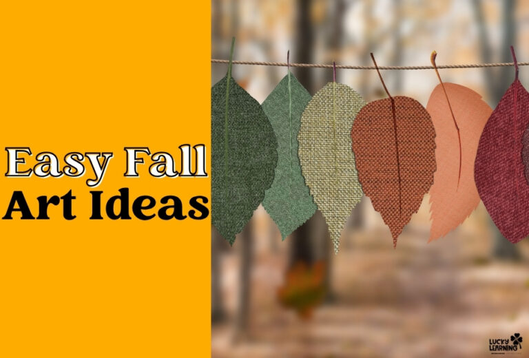 Five textured paper leaves in autumn colors hang on a string; text on the left reads "Easy Fall Art Ideas for First Grade" on a yellow background.
