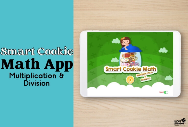 Tablet displaying the Smart Cookie Math Multiplication app screen for multiplication and division, featuring the logo and playful cartoon graphics. Text on the left reads “Smart Cookie Math App Multiplication & Division.”.