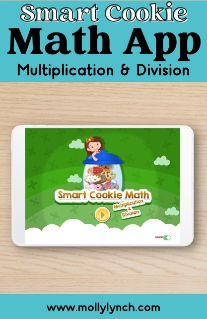 Tablet displaying the Smart Cookie Math Multiplication App for multiplication and division, featuring a cartoon girl and cookies on a green background. Website link shown below.