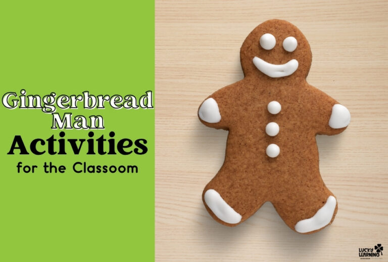 A gingerbread man cookie with white icing details next to text that reads, "Gingerbread Man Activities for the Classroom," sits on a green and wood background, perfectly capturing the festive spirit of gingerbread fun.
