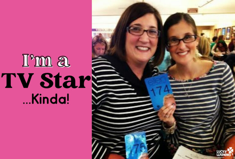 Two women in striped shirts hold numbered cards and smile at the camera. The text on the image reads, "I'm a TV Star ...Kinda!" A small "Lucky Learning" logo is in the corner.