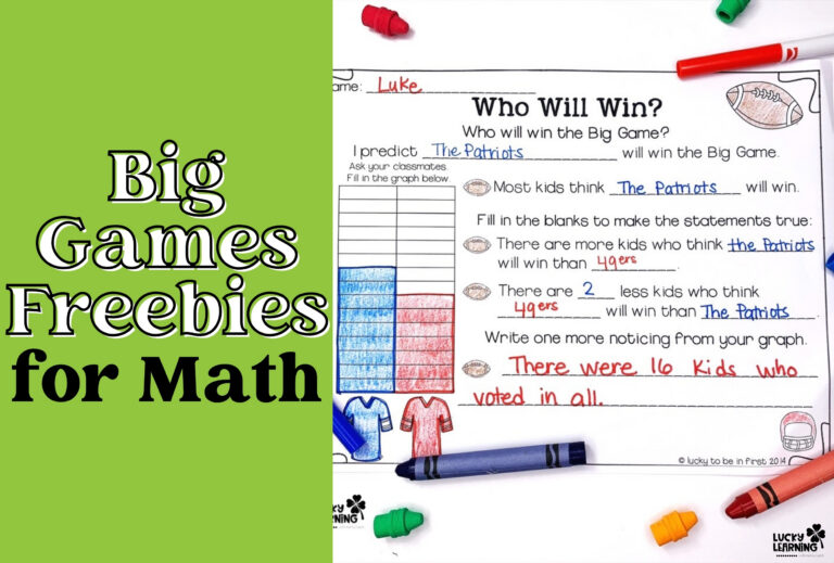 A math worksheet predicting the winner of a big game, with colored graph bars, handwritten answers, and crayons on the table. Text reads “Big Game Freebie for Math.”.