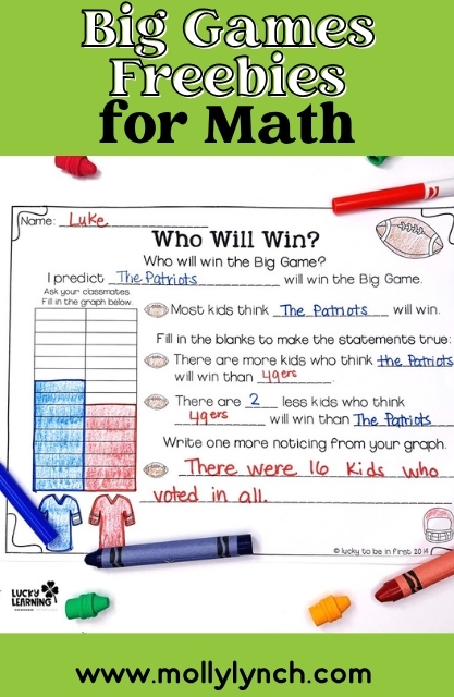 A completed math worksheet about predicting a Super Bowl winner, surrounded by crayons, on a green background with “Big Games Freebies for Math,” a web address, and featuring an exciting Big Game Freebie.