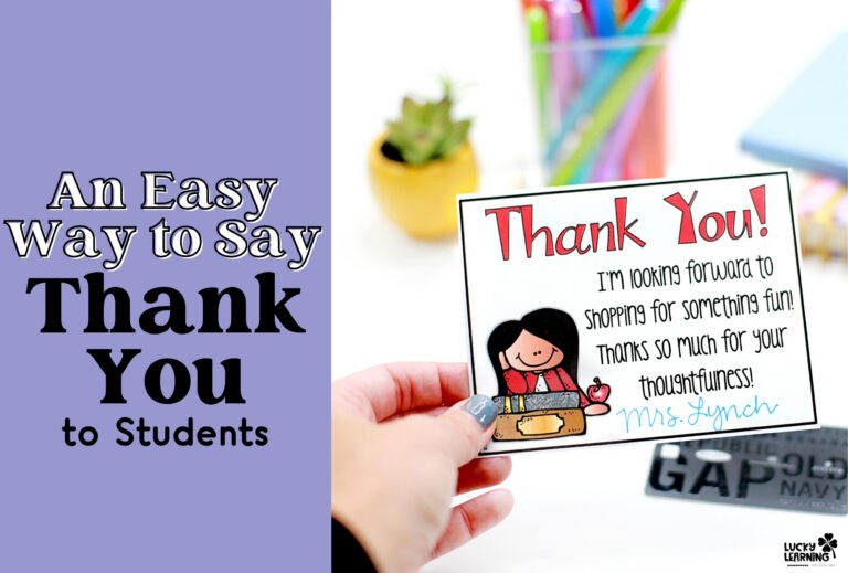 A hand holds a colorful Teacher Thank You Notes card for students; text on left reads, "An Easy Way to Say Thank You to Students." Supplies and a plant are blurred in the background.